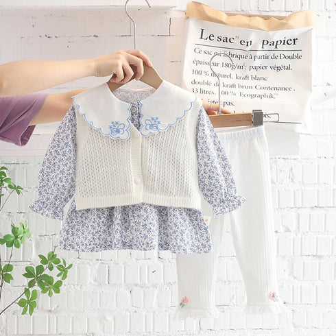Lapel Floral Shirt Long Sleeve Suit Baby Girl Sweater Cardigan Three Piece Set